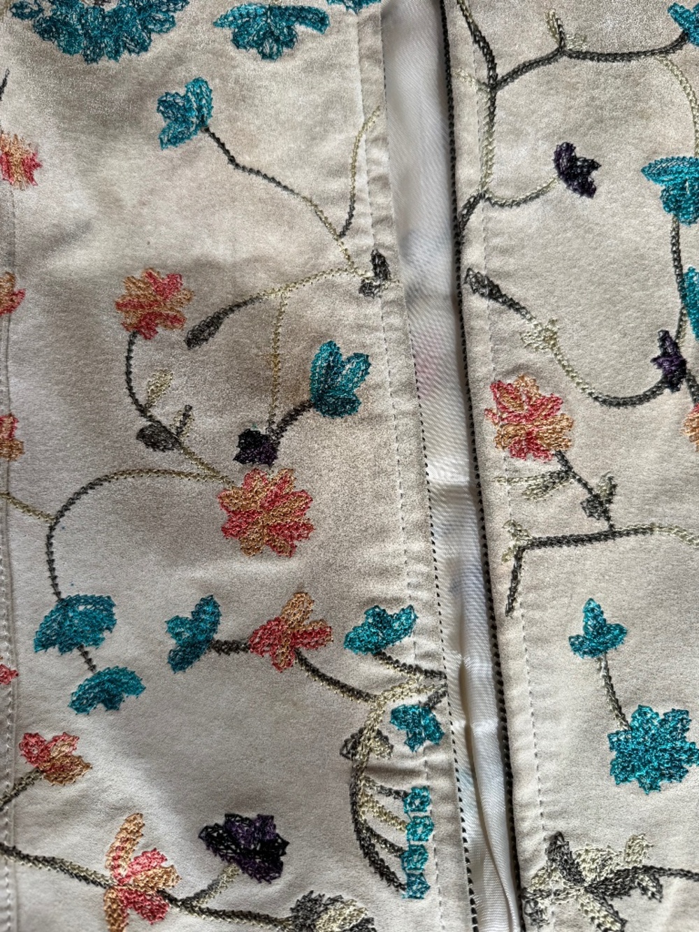 Leather coat with embroidered flowers